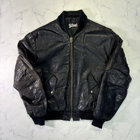 Schott Leather Bomber Jacket Black 90s Size44