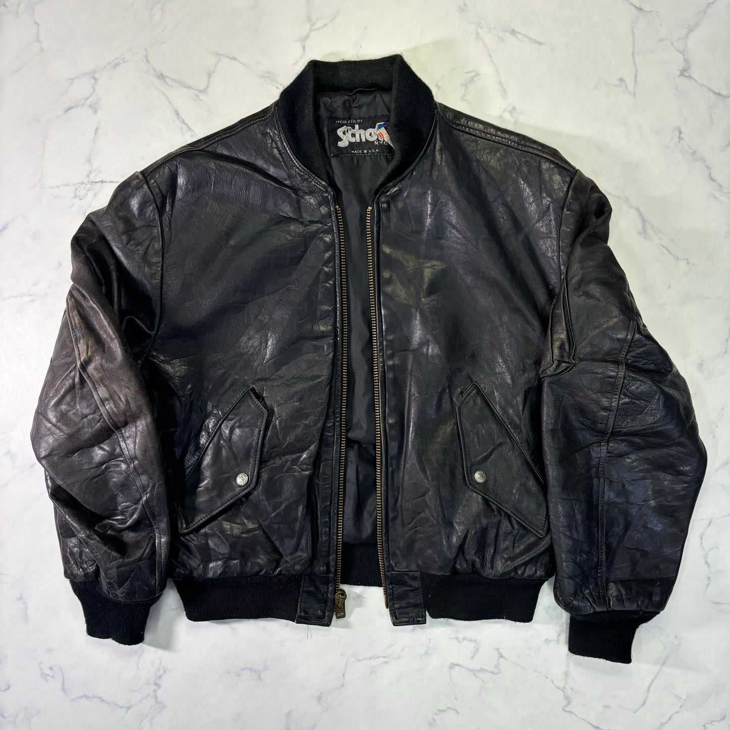 Schott Leather Bomber Jacket Black 90s Size44