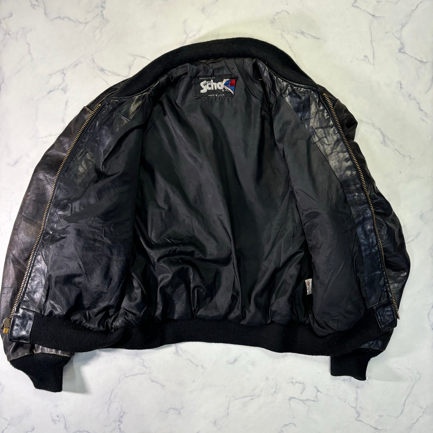 Schott Leather Bomber Jacket Black 90s Size44