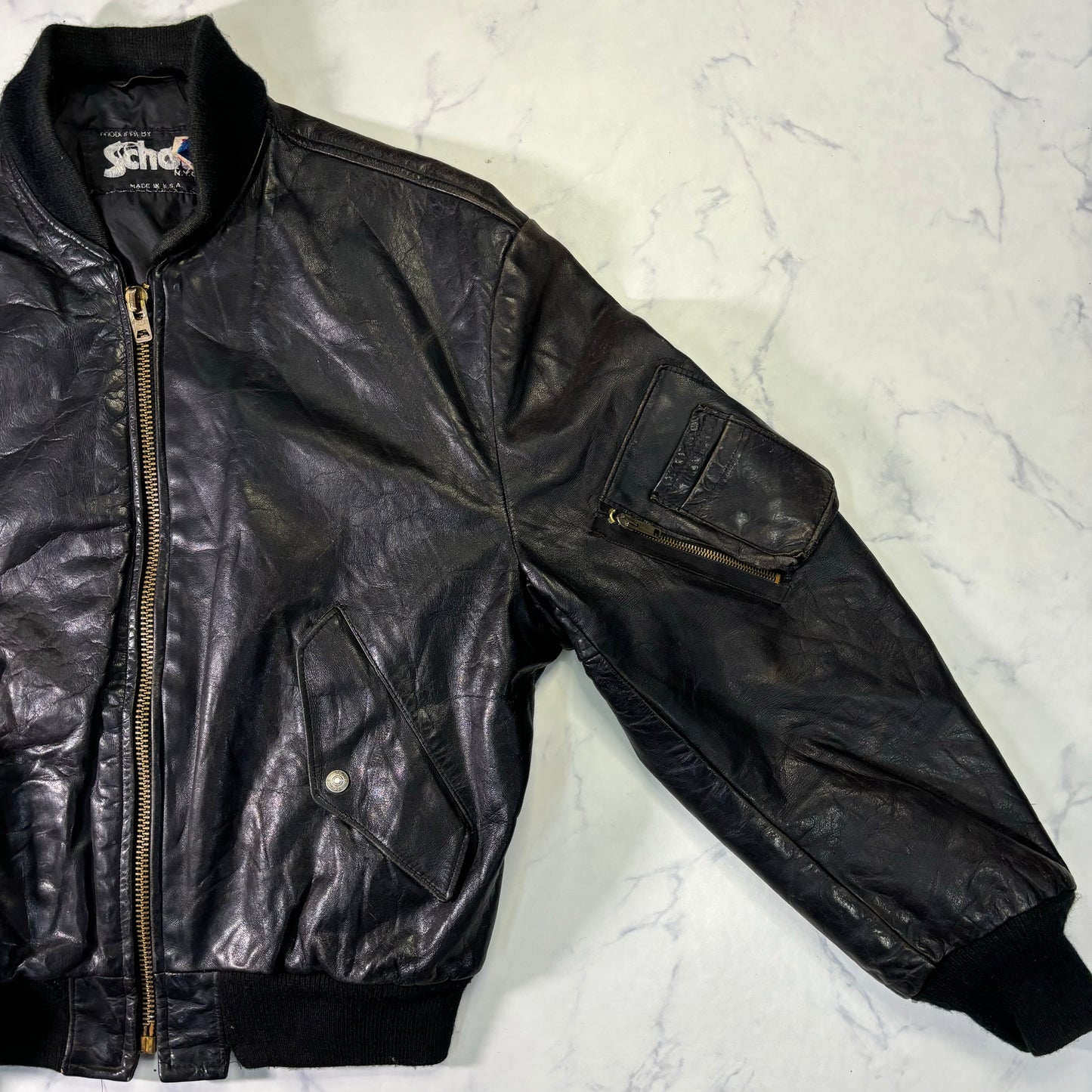 Schott Leather Bomber Jacket Black 90s Size44
