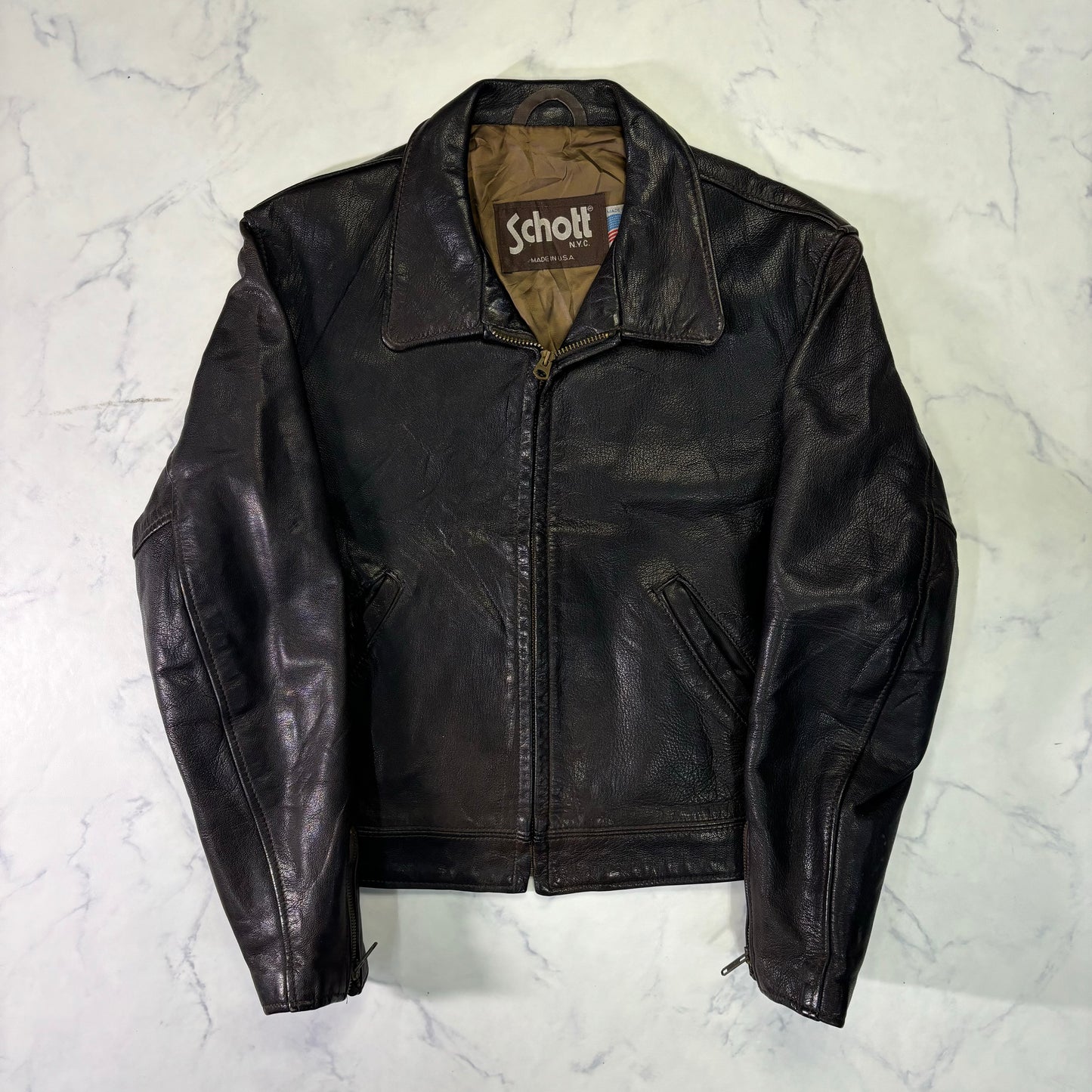 Schott Leather Cafe Racer Jacket Single Rider Black 90s M