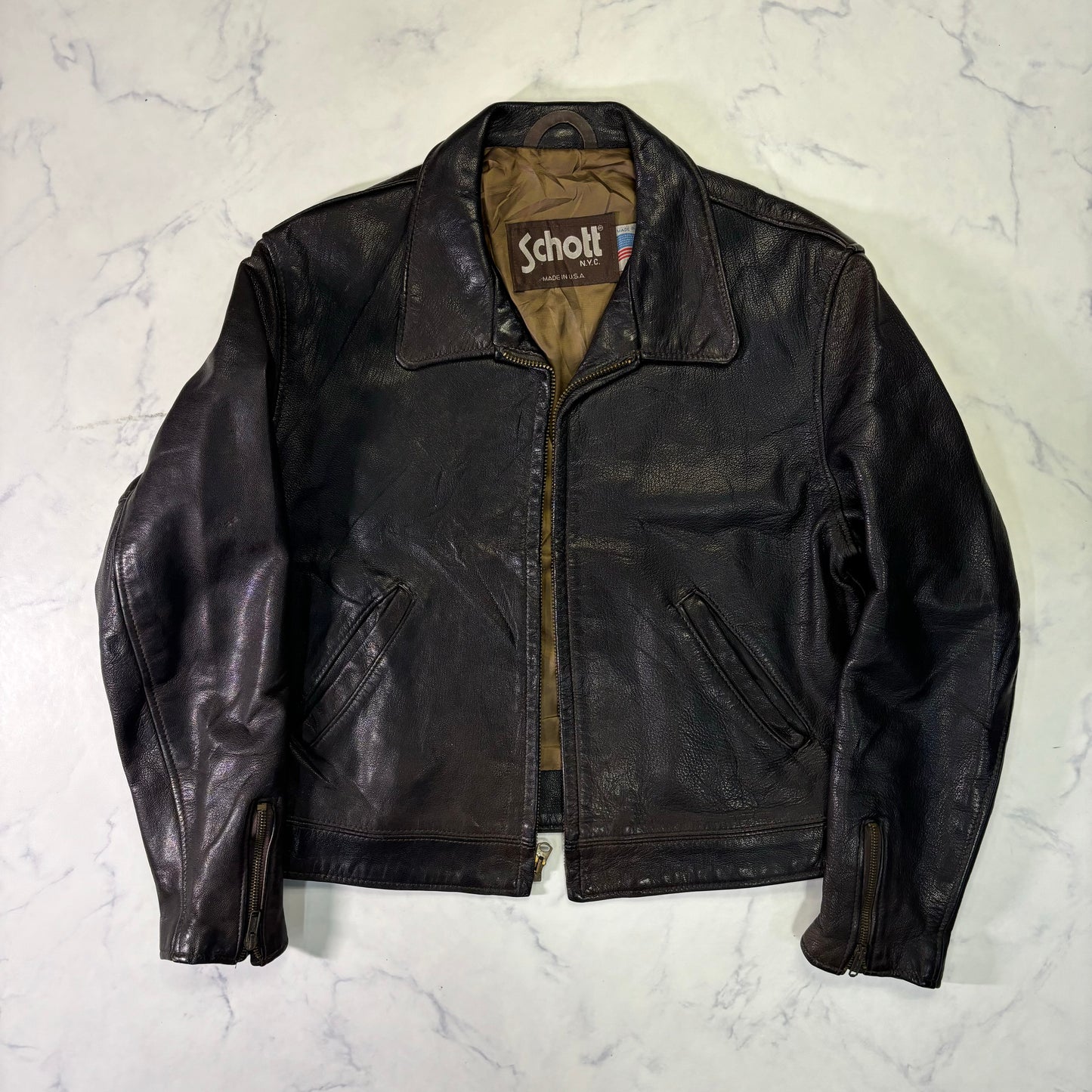 Schott Leather Cafe Racer Jacket Single Rider Black 90s M