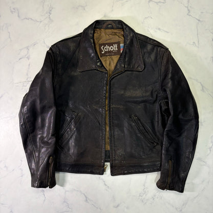 Schott Leather Cafe Racer Jacket Single Rider Black 90s M