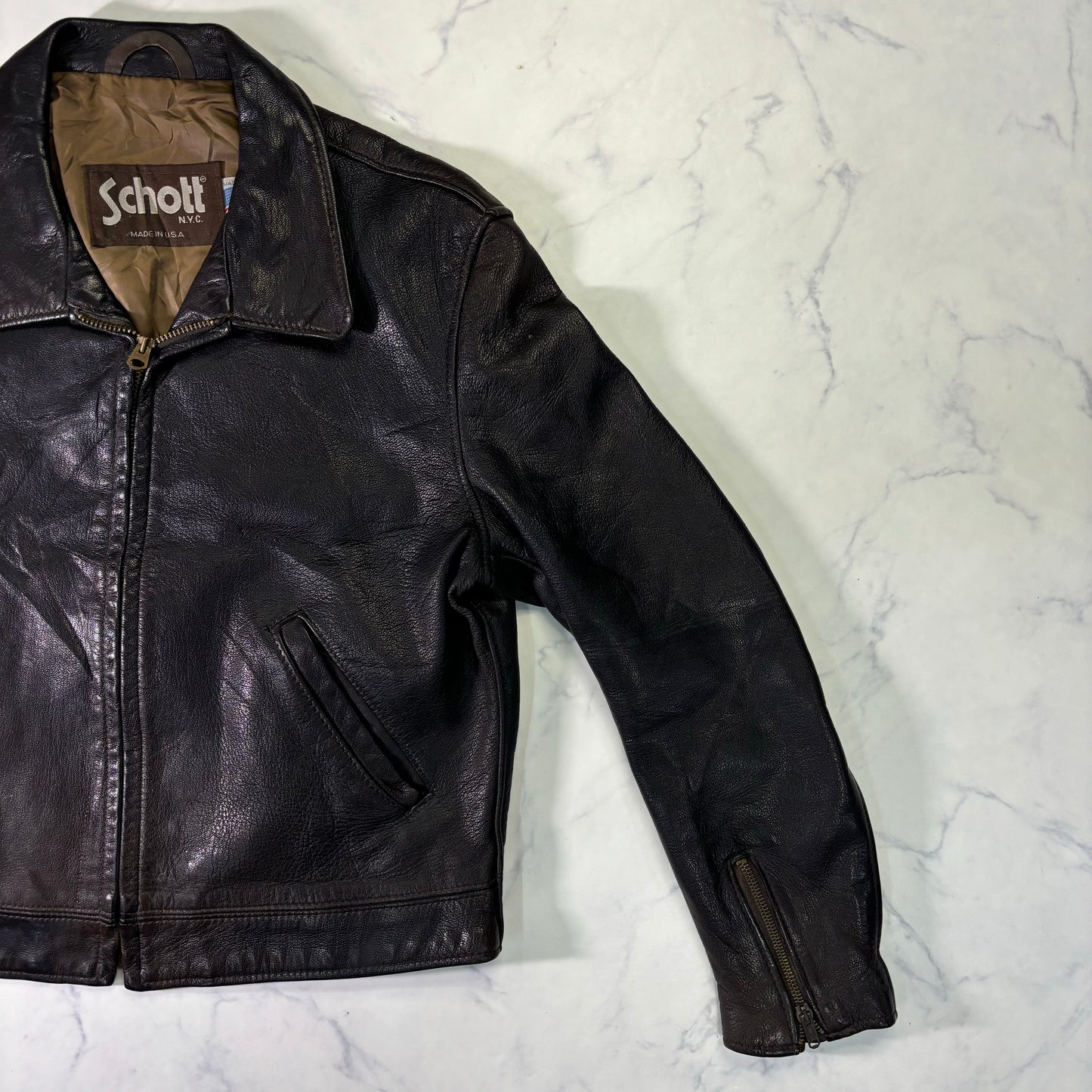 Schott Leather Cafe Racer Jacket Single Rider Black 90s M