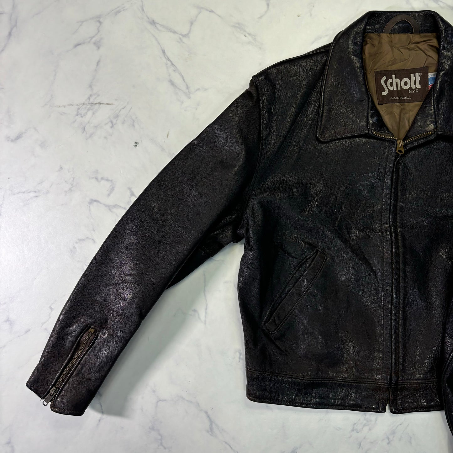 Schott Leather Cafe Racer Jacket Single Rider Black 90s M