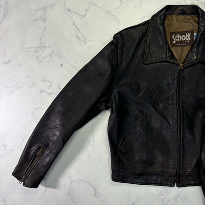 Schott Leather Cafe Racer Jacket Single Rider Black 90s M