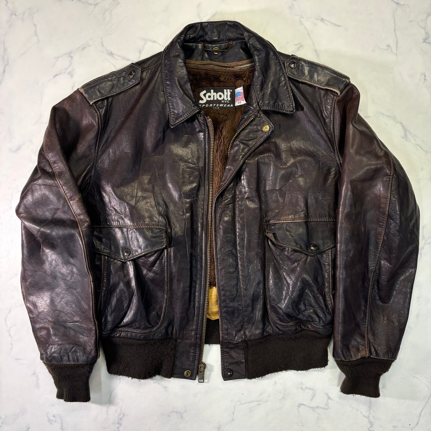 Schott A-2 Leather Flight Jacket Brown 80s Size48