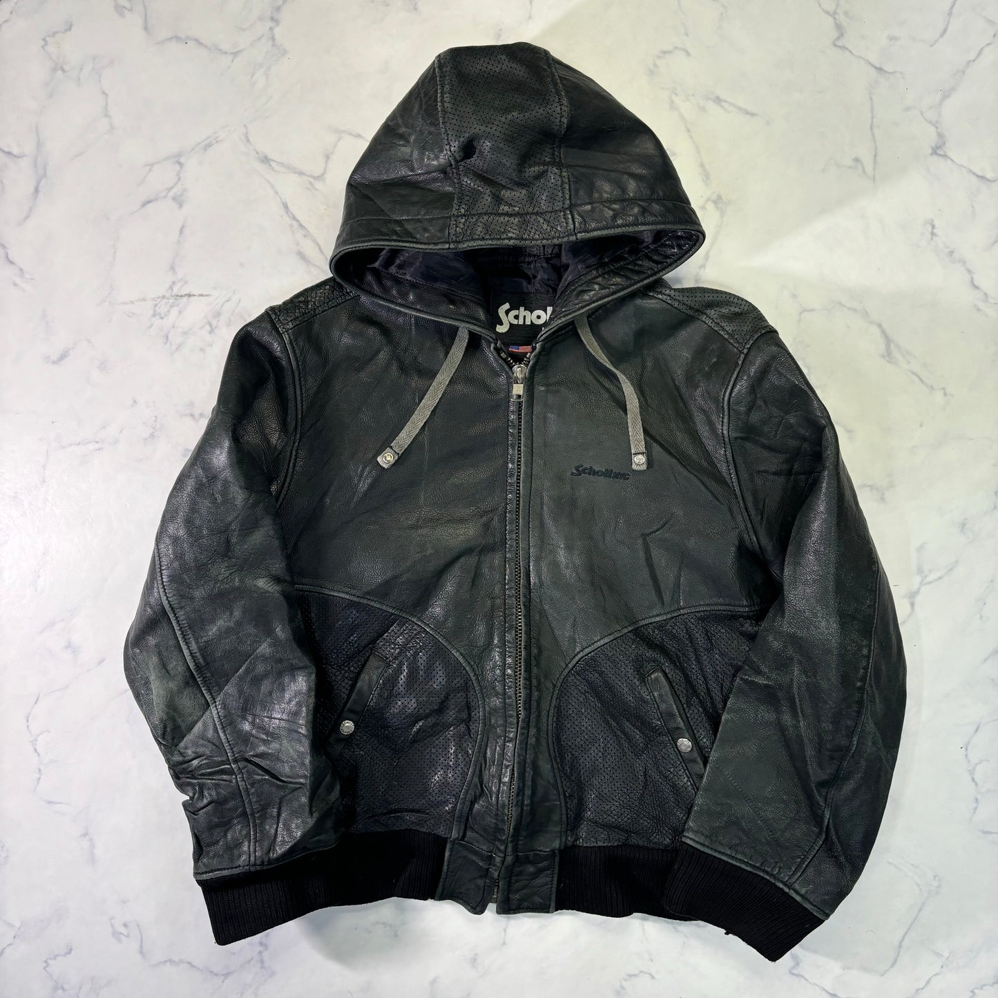 Schott Leather Hoodie Black 90s XXL