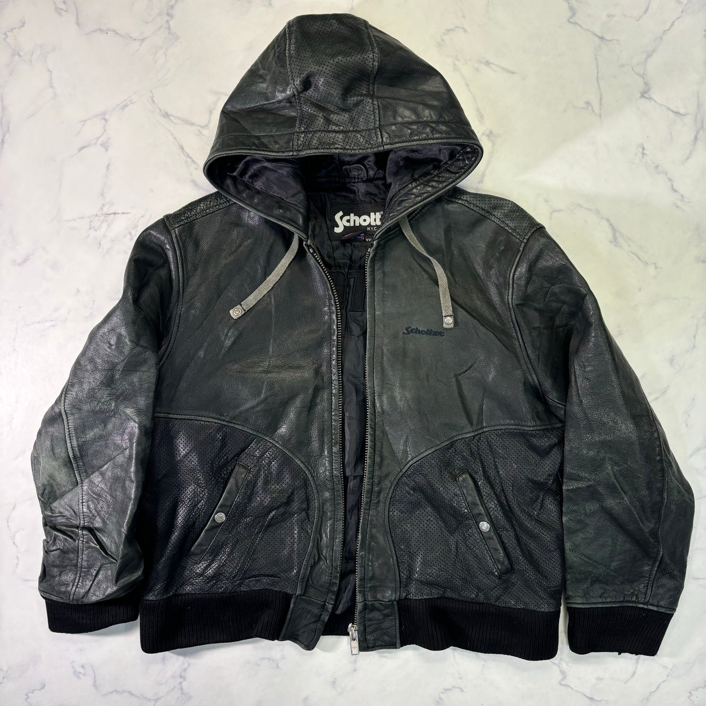 Schott Leather Hoodie Black 90s XXL