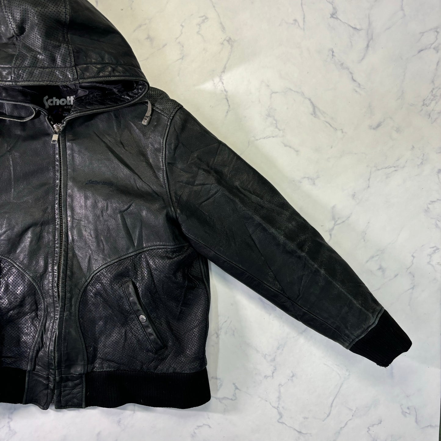 Schott Leather Hoodie Black 90s XXL