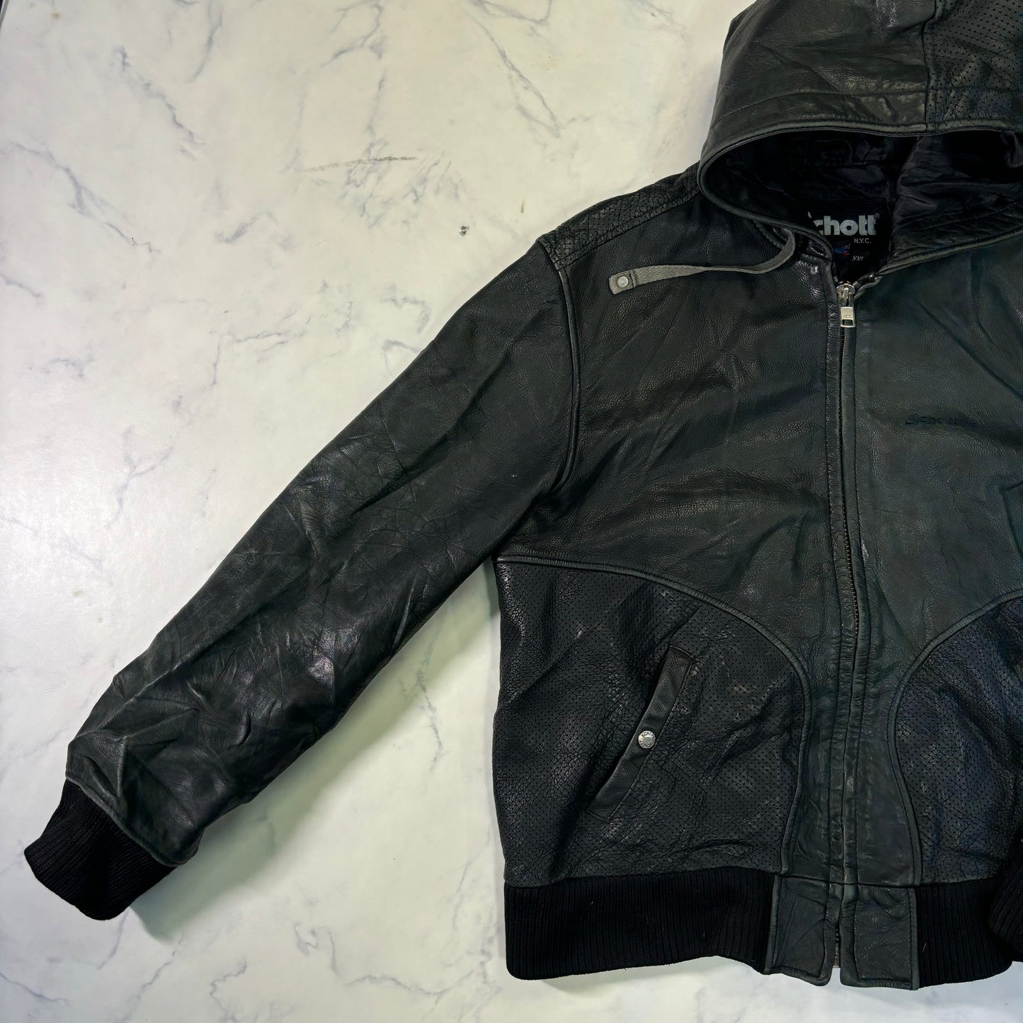 Schott Leather Hoodie Black 90s XXL