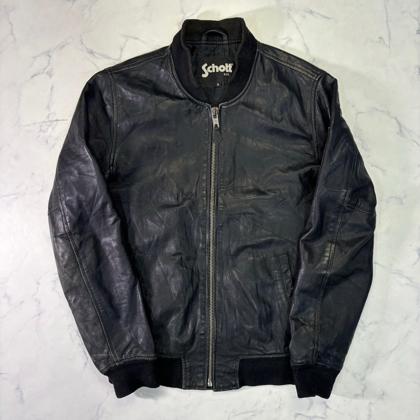 Schott Leather Bomber Jacket Black 90s S