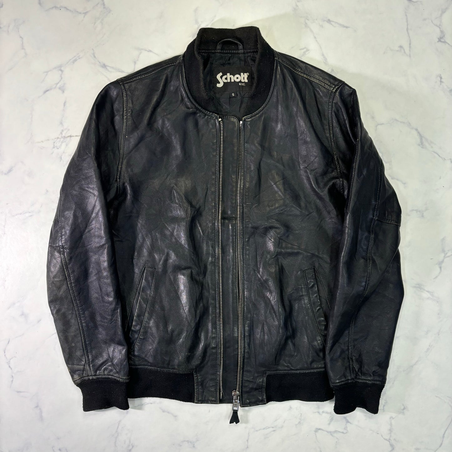 Schott Leather Bomber Jacket Black 90s S