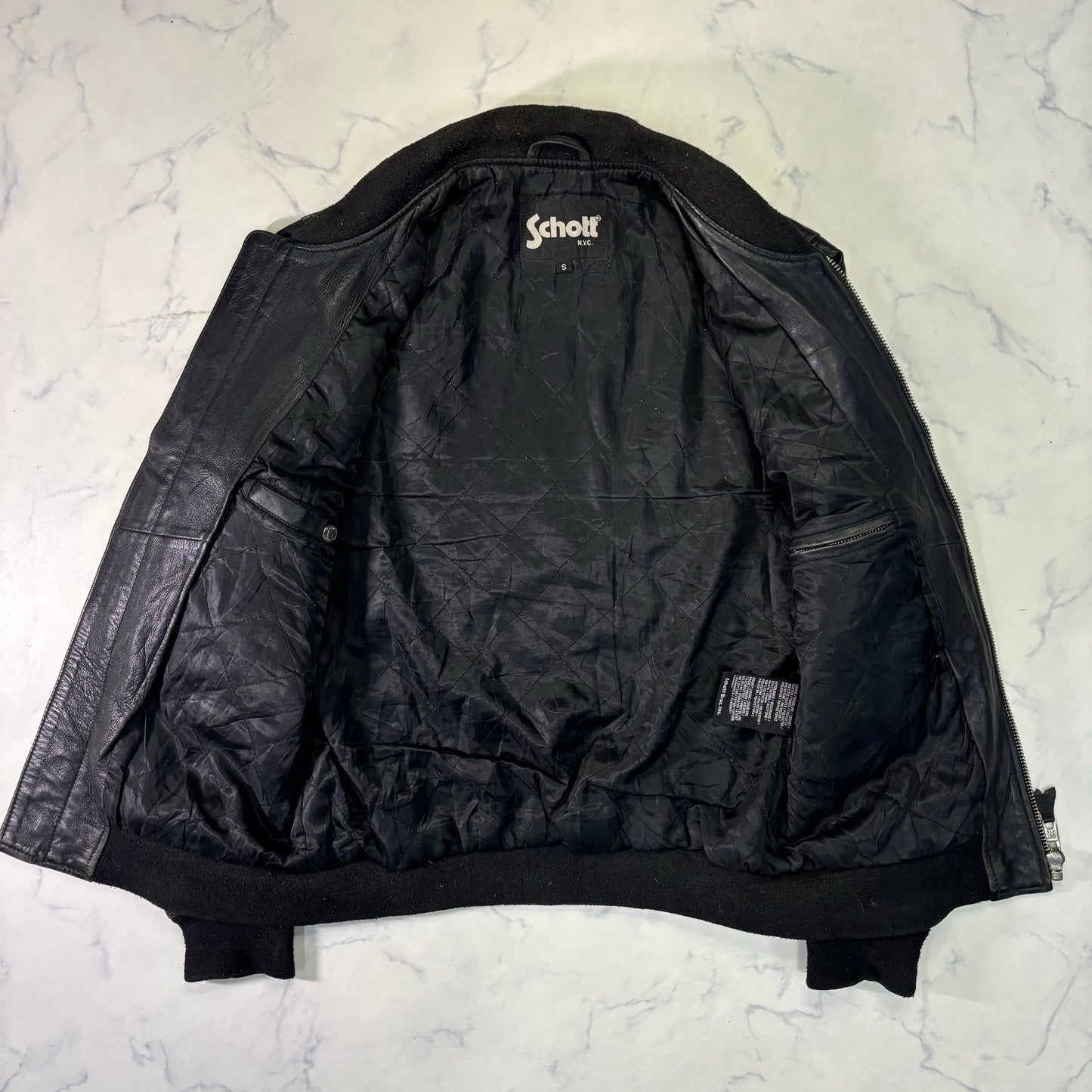 Schott Leather Bomber Jacket Black 90s S