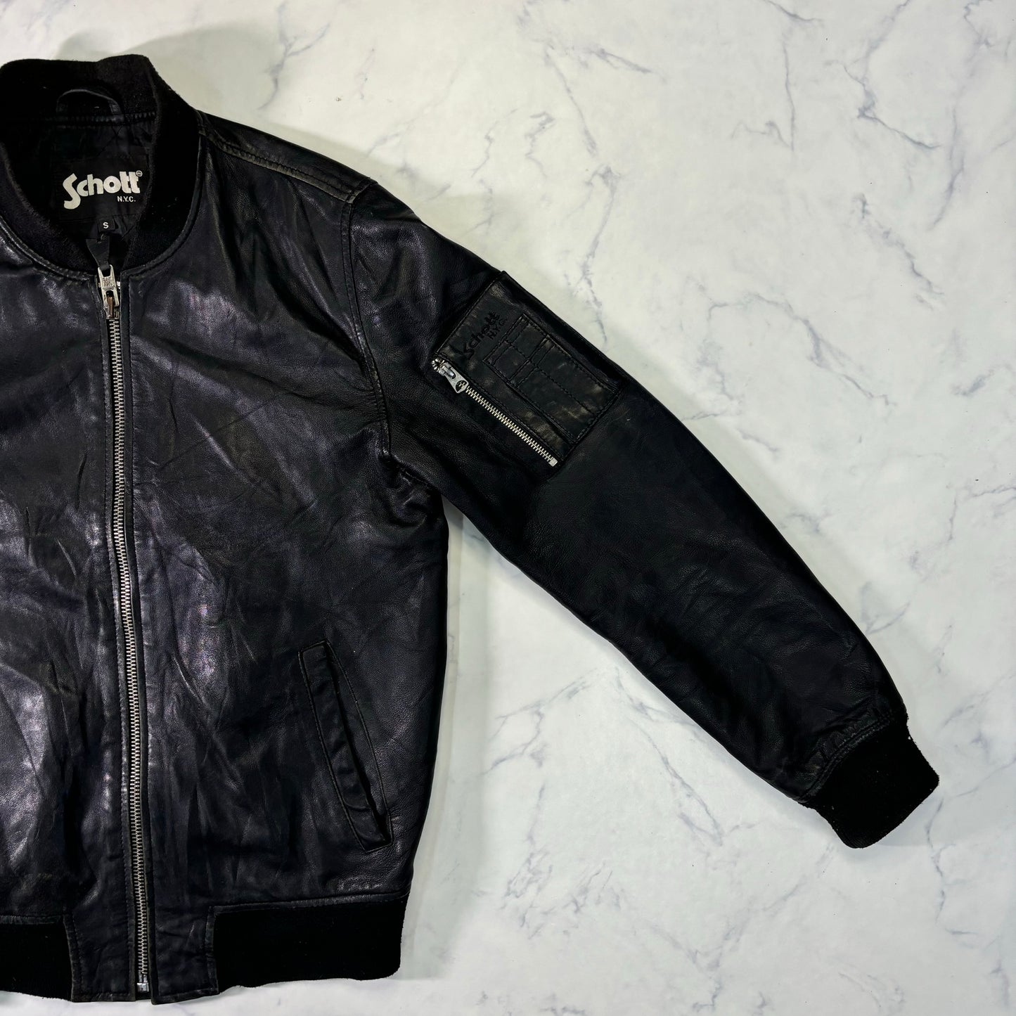 Schott Leather Bomber Jacket Black 90s S