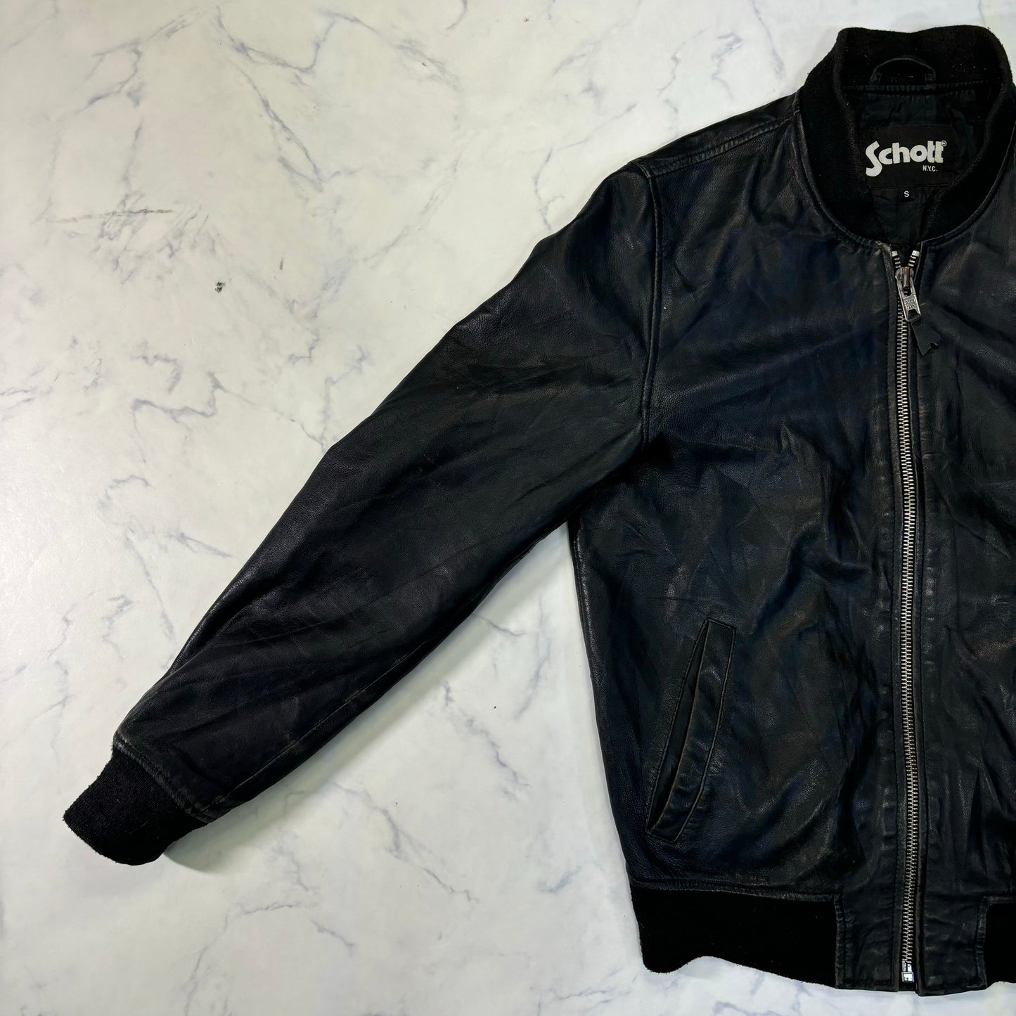 Schott Leather Bomber Jacket Black 90s S