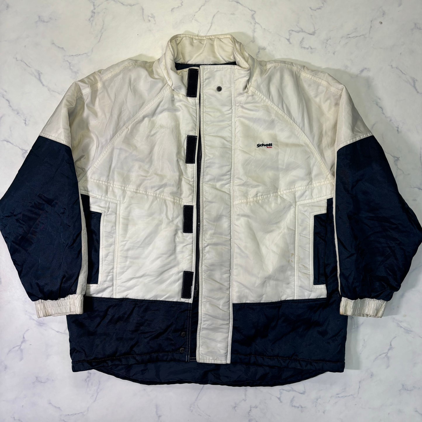 Schott Padded Nylon Jacket White Navy 90s Vintage