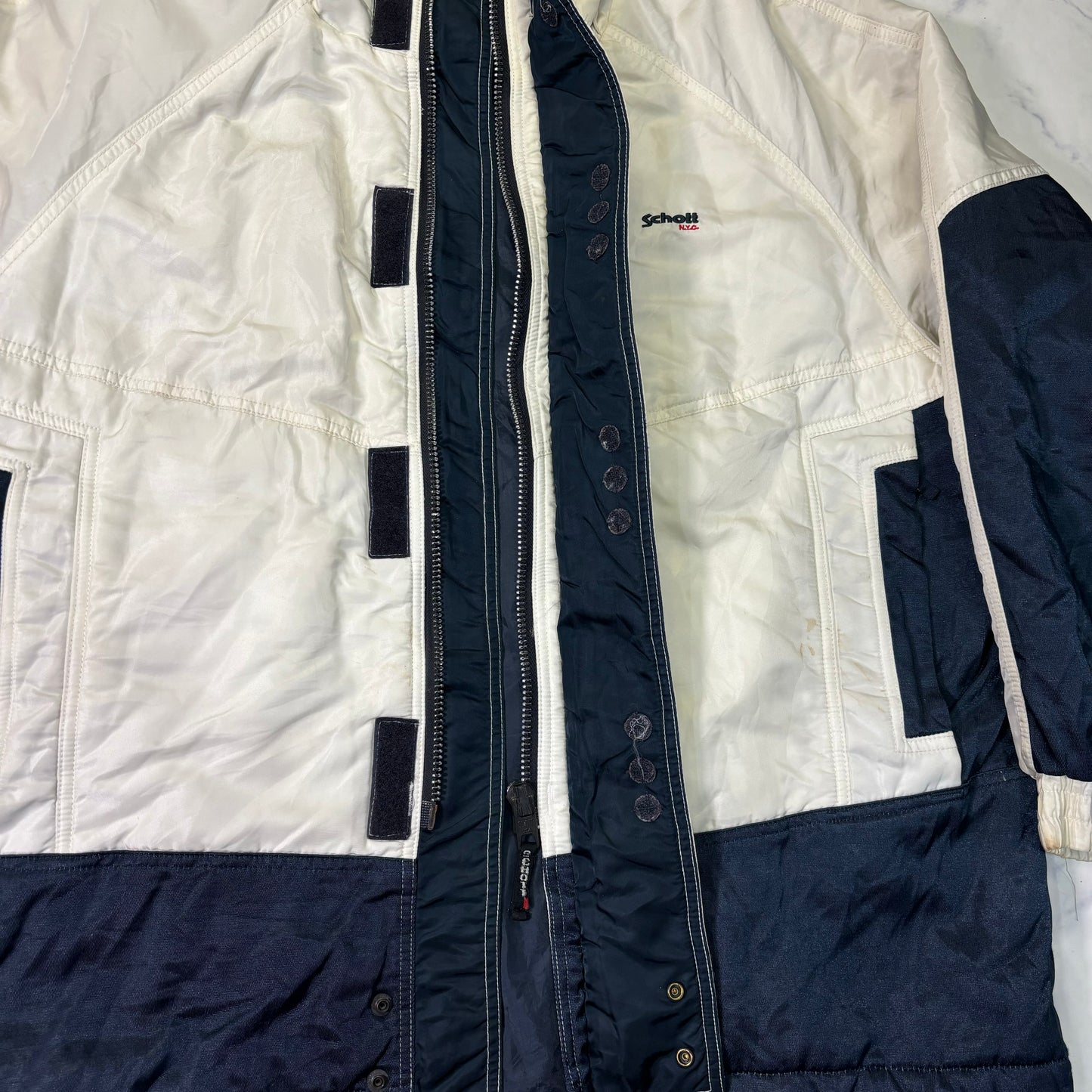 Schott Padded Nylon Jacket White Navy 90s Vintage