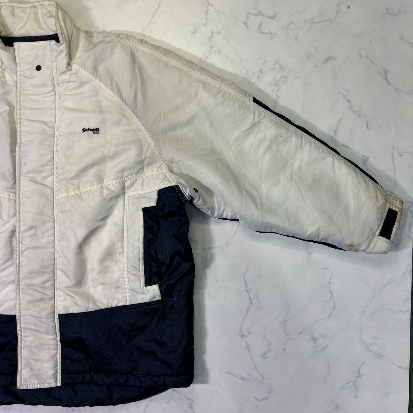 Schott Padded Nylon Jacket White Navy 90s Vintage