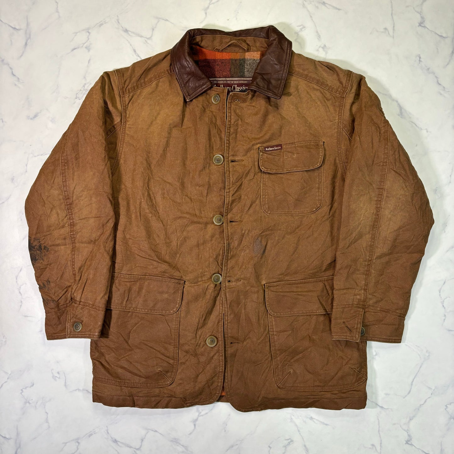 Marlboro Classics Canvas Work Jacket 90s Leather Collar Small Vintage