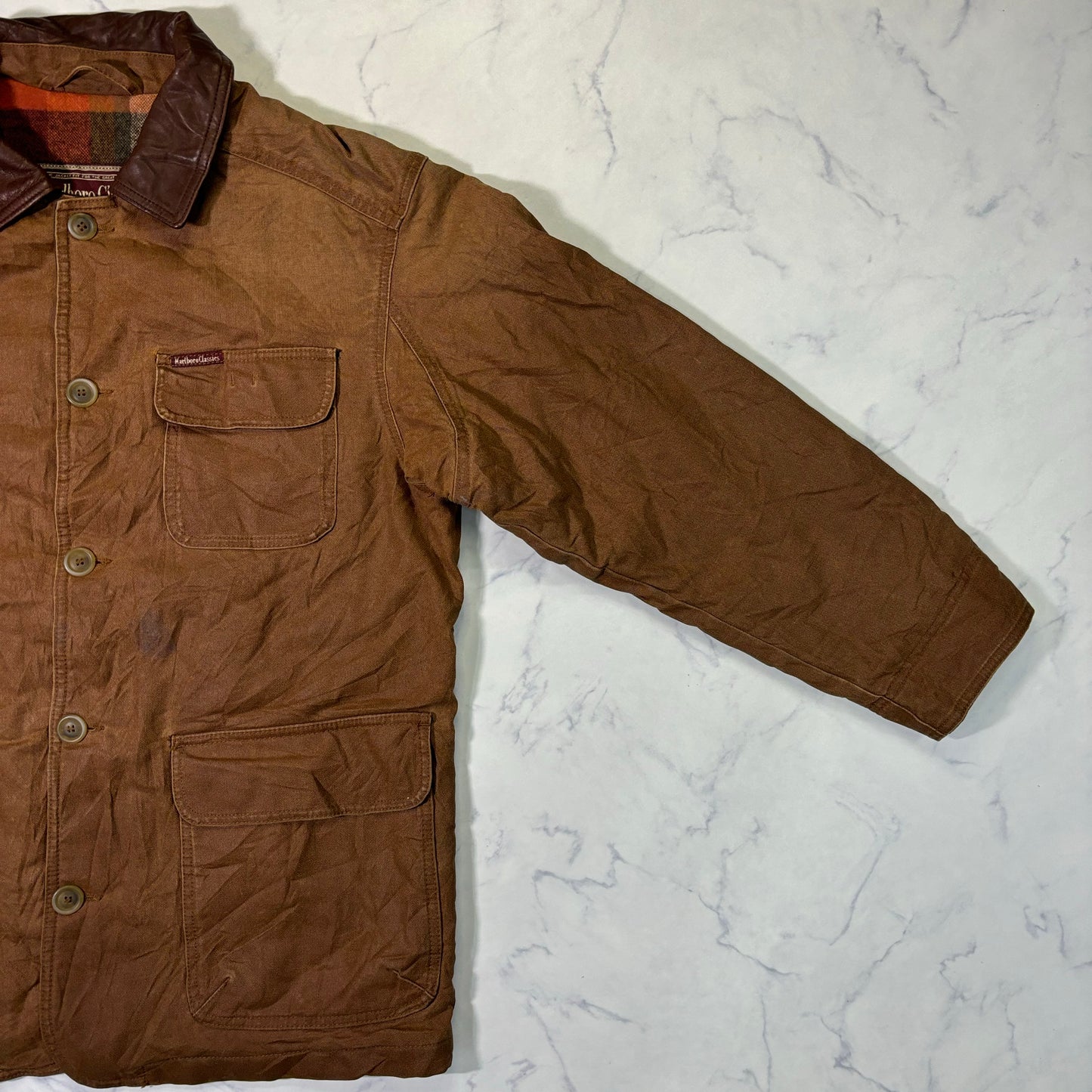 Marlboro Classics Canvas Work Jacket 90s Leather Collar Small Vintage