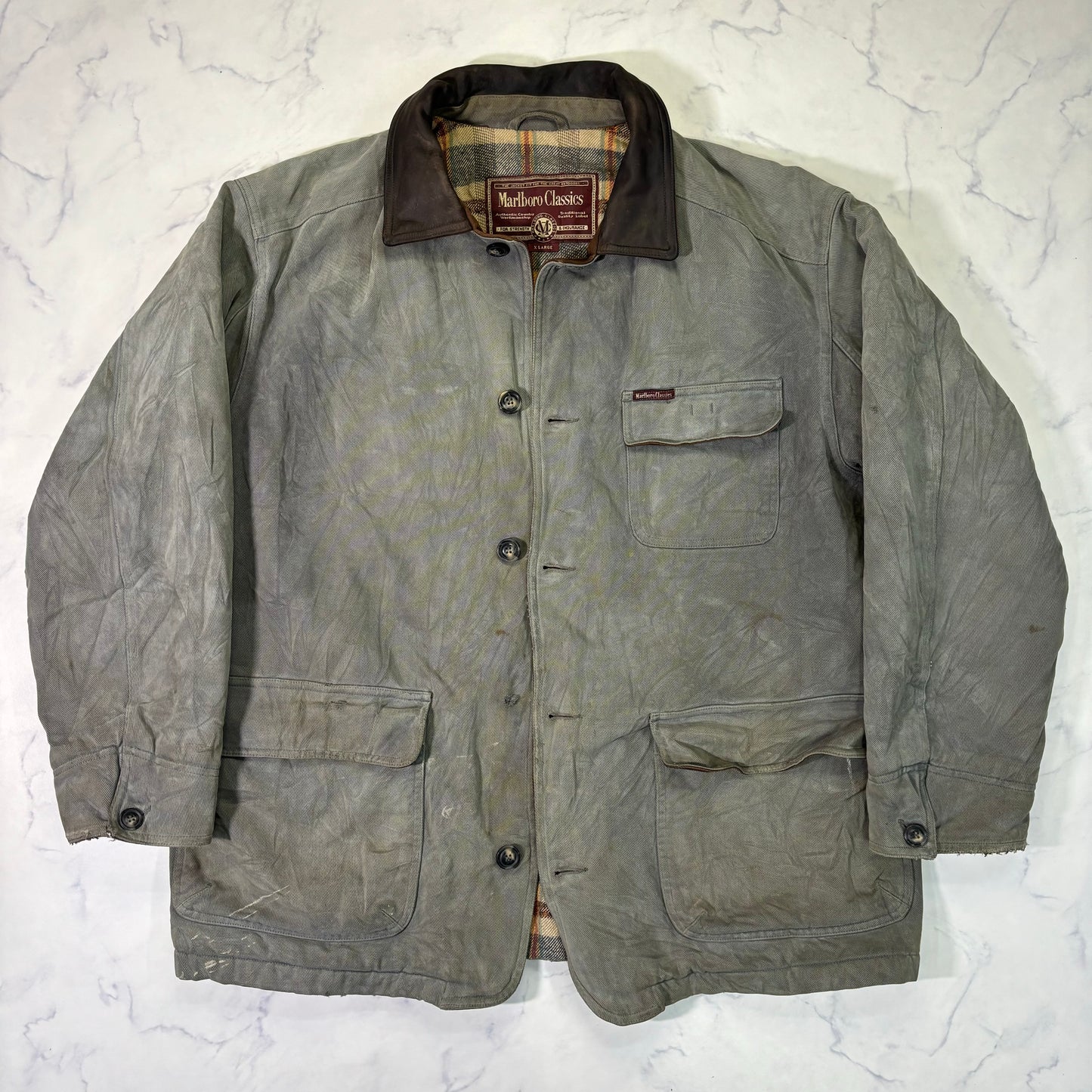 Marlboro Classics Canvas Work Jacket 90s Leather Collar XL Vintage