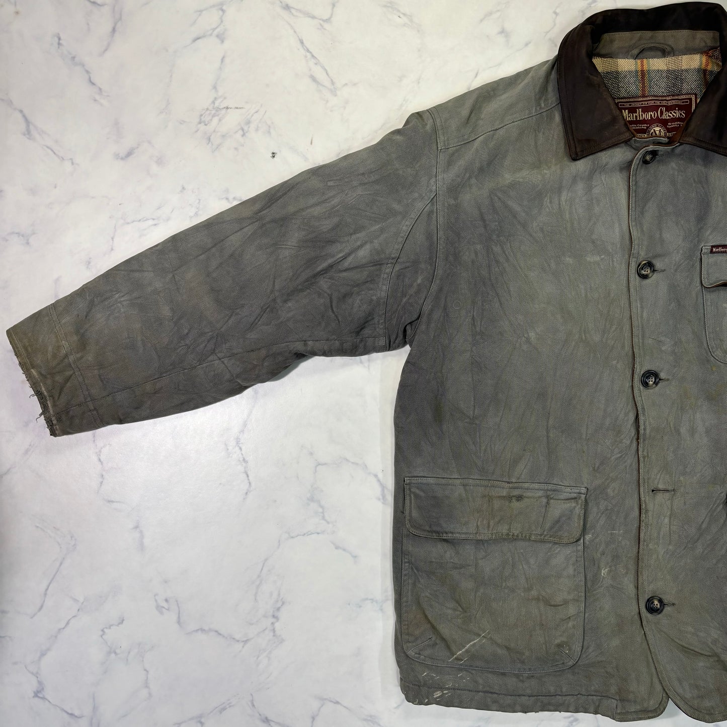 Marlboro Classics Canvas Work Jacket 90s Leather Collar XL Vintage