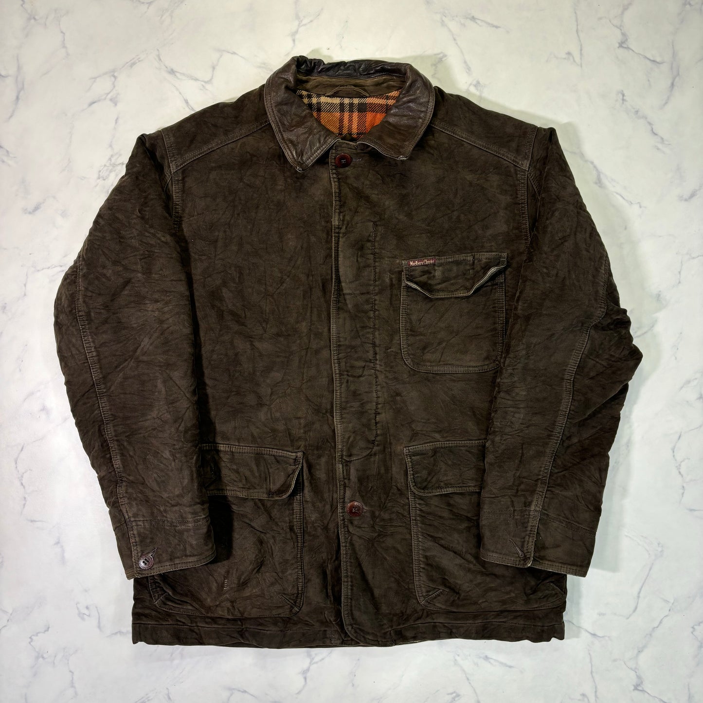 Marlboro Classics Canvas Work Jacket 90s Leather Collar XL Vintage
