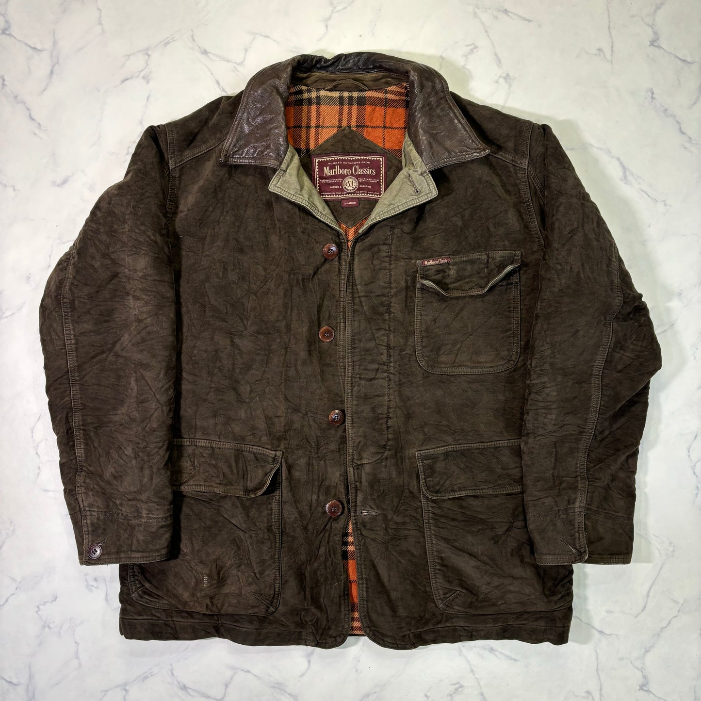 Marlboro Classics Canvas Work Jacket 90s Leather Collar XL Vintage