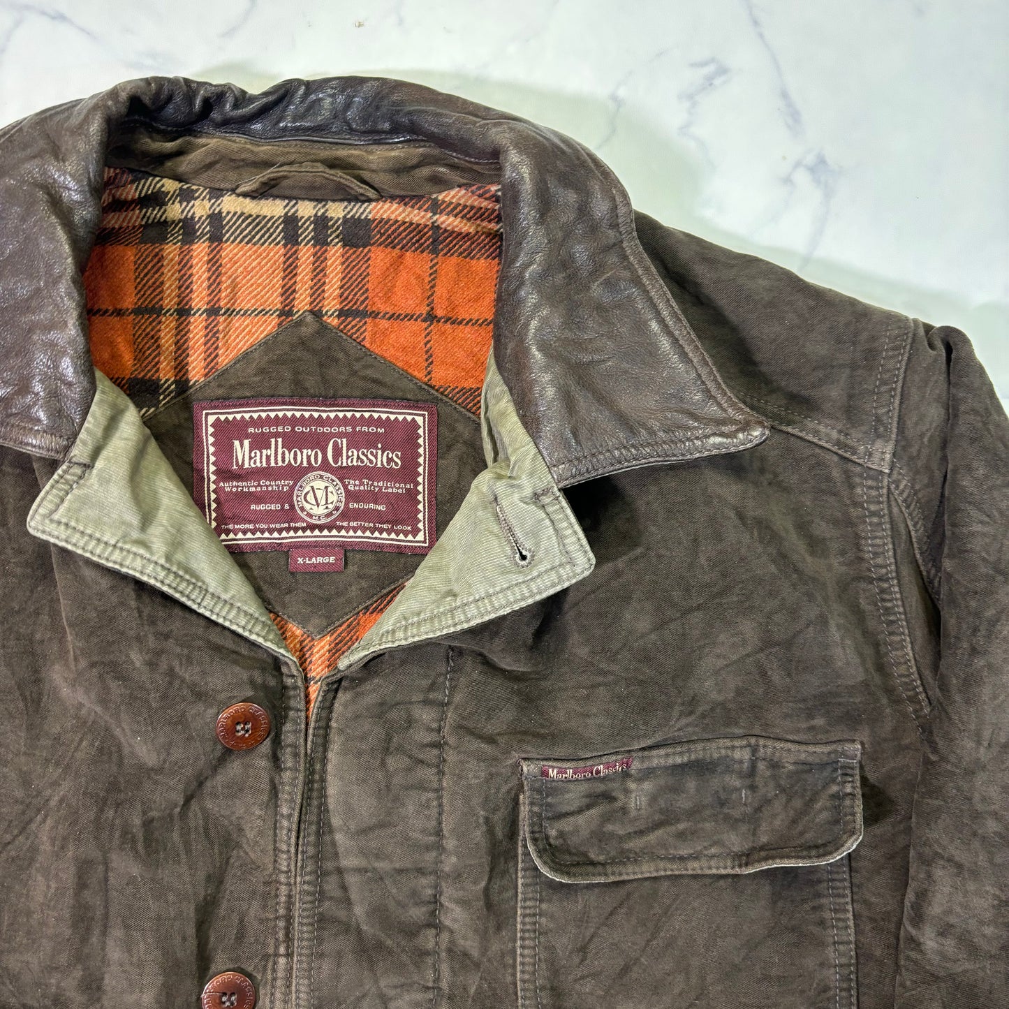 Marlboro Classics Canvas Work Jacket 90s Leather Collar XL Vintage