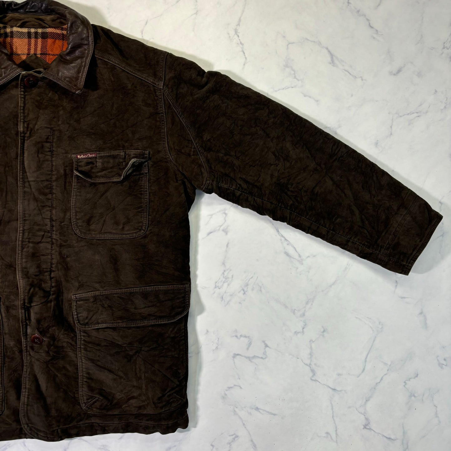 Marlboro Classics Canvas Work Jacket 90s Leather Collar XL Vintage