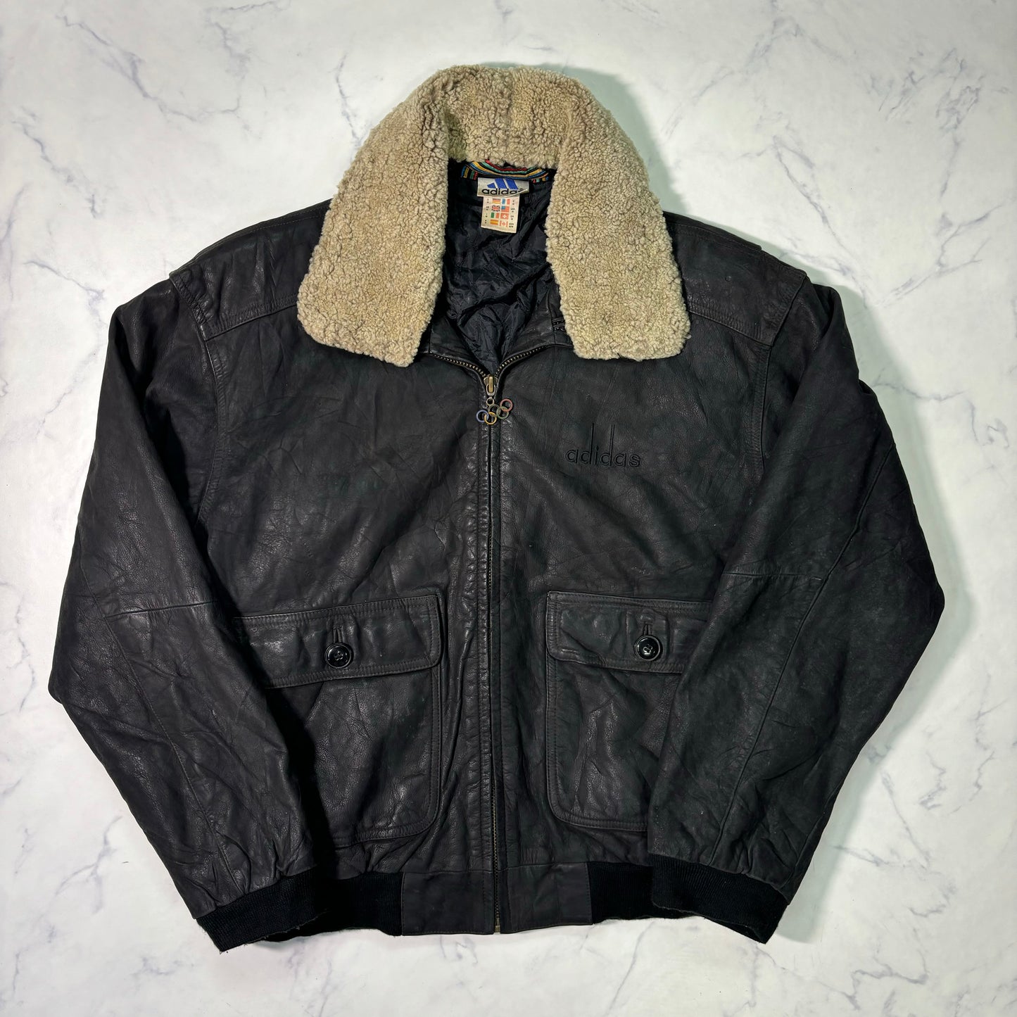 adidas Sapporo 1972 Winter Olympics Leather Bomber Jacket Black 90s M vintage