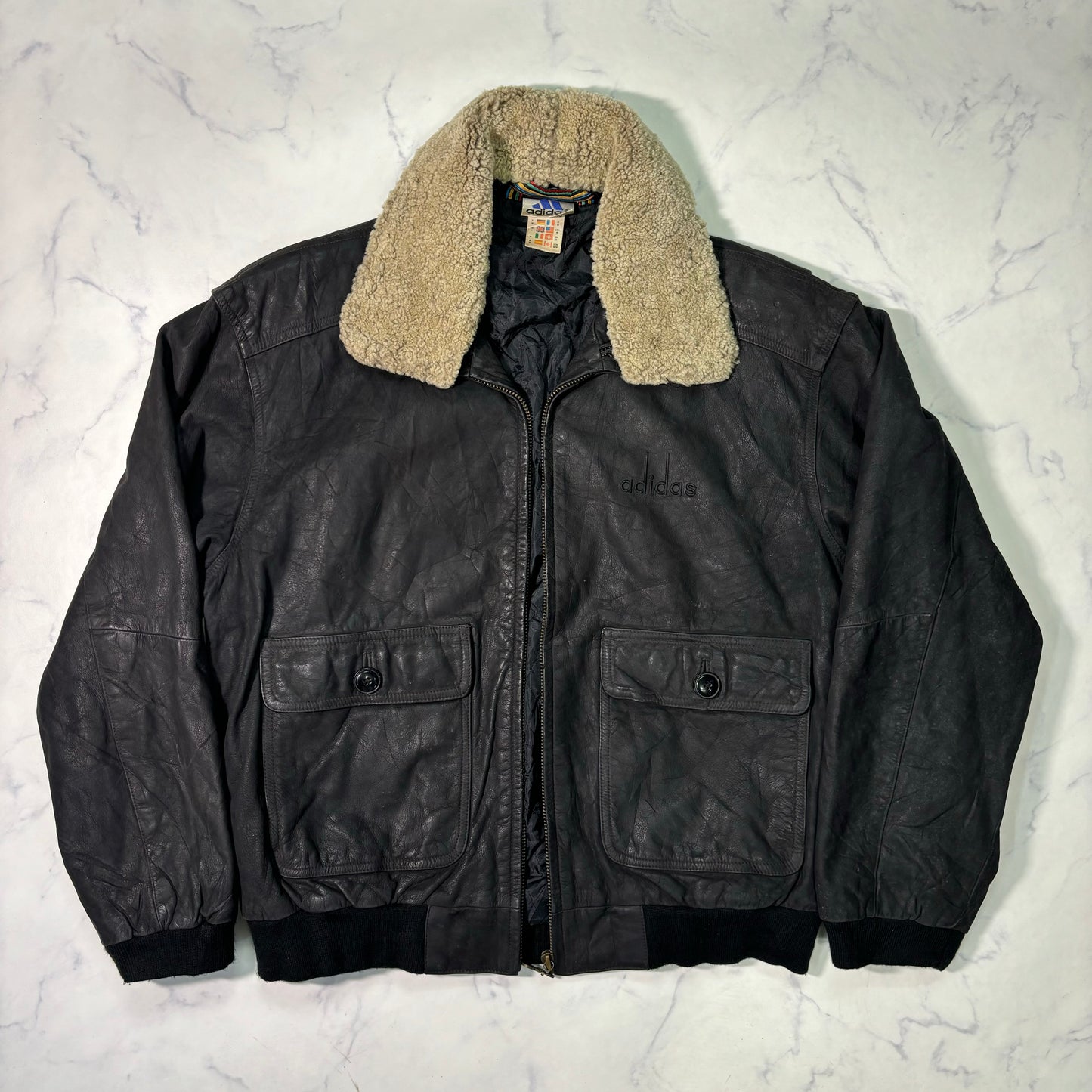 adidas Sapporo 1972 Winter Olympics Leather Bomber Jacket Black 90s M vintage