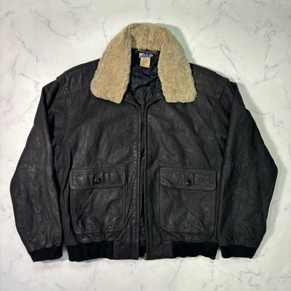 adidas Sapporo 1972 Winter Olympics Leather Bomber Jacket Black 90s M vintage