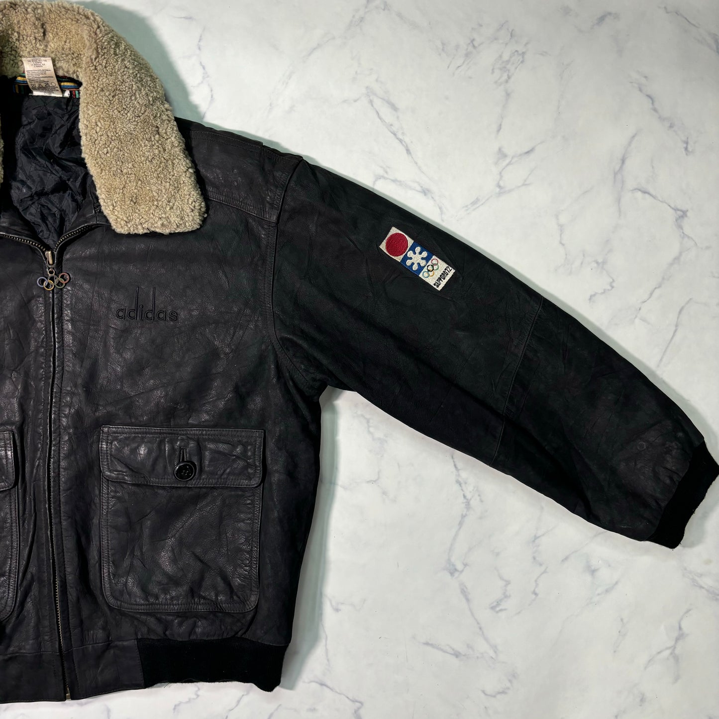 adidas Sapporo 1972 Winter Olympics Leather Bomber Jacket Black 90s M vintage