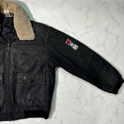 adidas Sapporo 1972 Winter Olympics Leather Bomber Jacket Black 90s M vintage