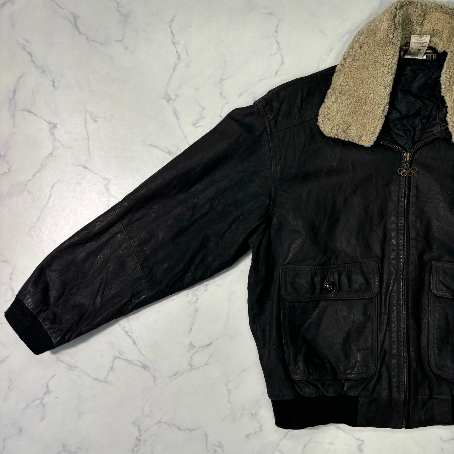 adidas Sapporo 1972 Winter Olympics Leather Bomber Jacket Black 90s M vintage