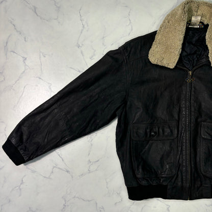 adidas Sapporo 1972 Winter Olympics Leather Bomber Jacket Black 90s M vintage