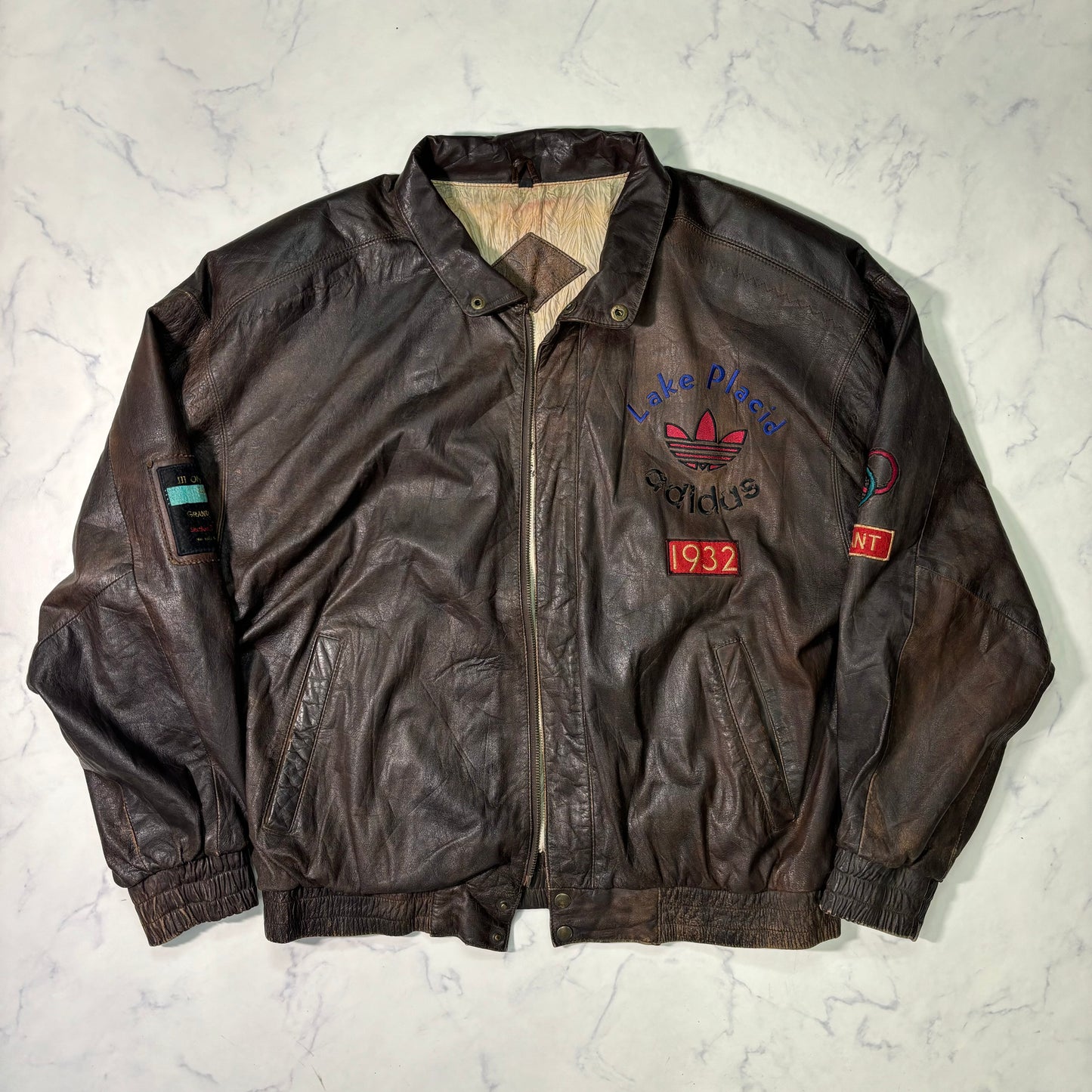 adidas Lake Placid 1932 Olympics Leather Bomber Jacket 90s vintage