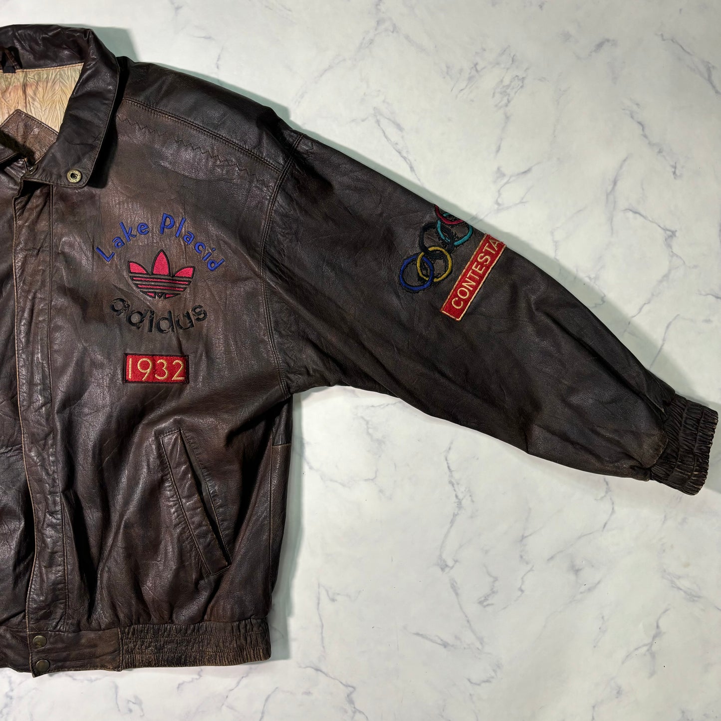 adidas Lake Placid 1932 Olympics Leather Bomber Jacket 90s vintage