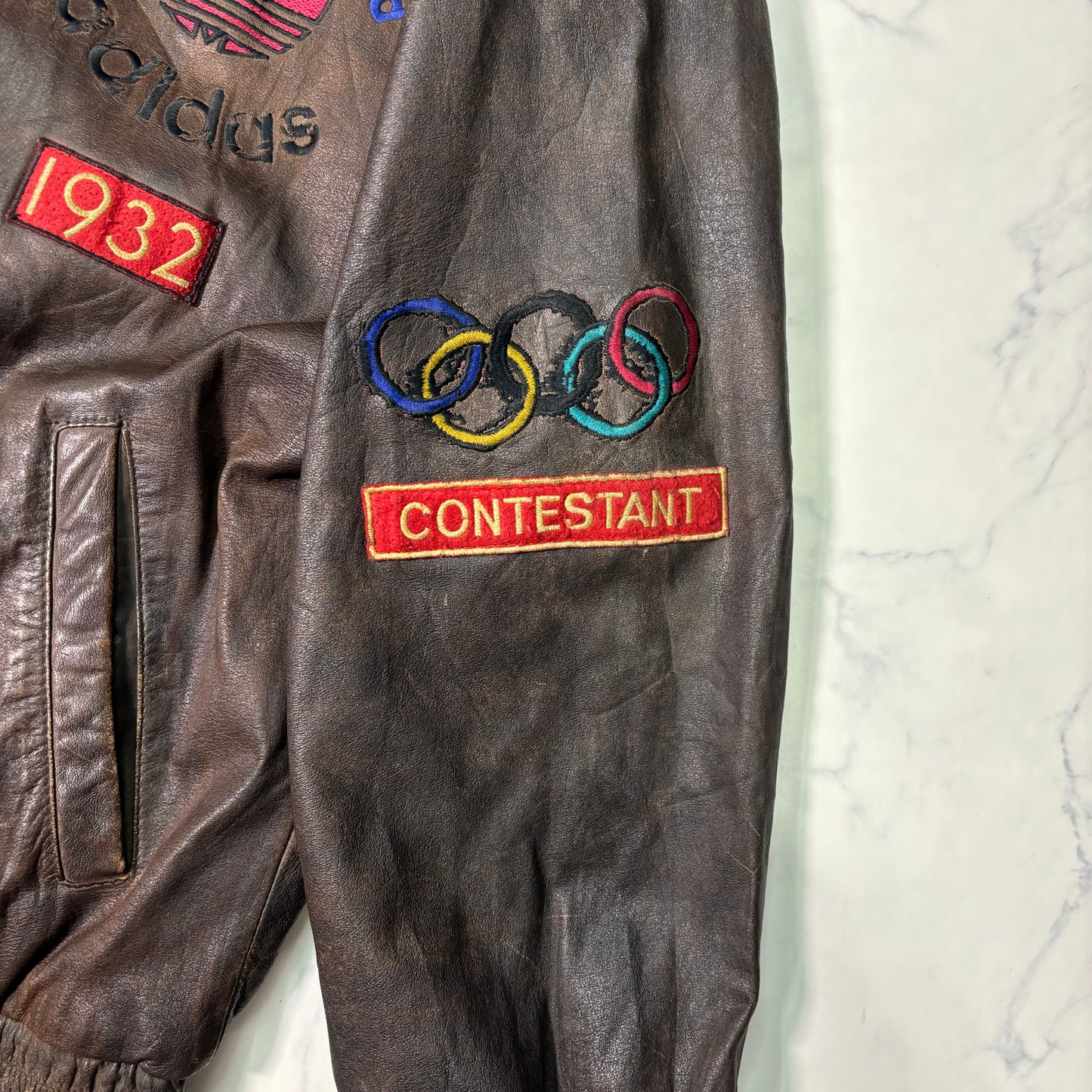 adidas Lake Placid 1932 Olympics Leather Bomber Jacket 90s vintage