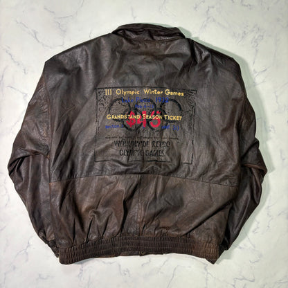 adidas Lake Placid 1932 Olympics Leather Bomber Jacket 90s vintage